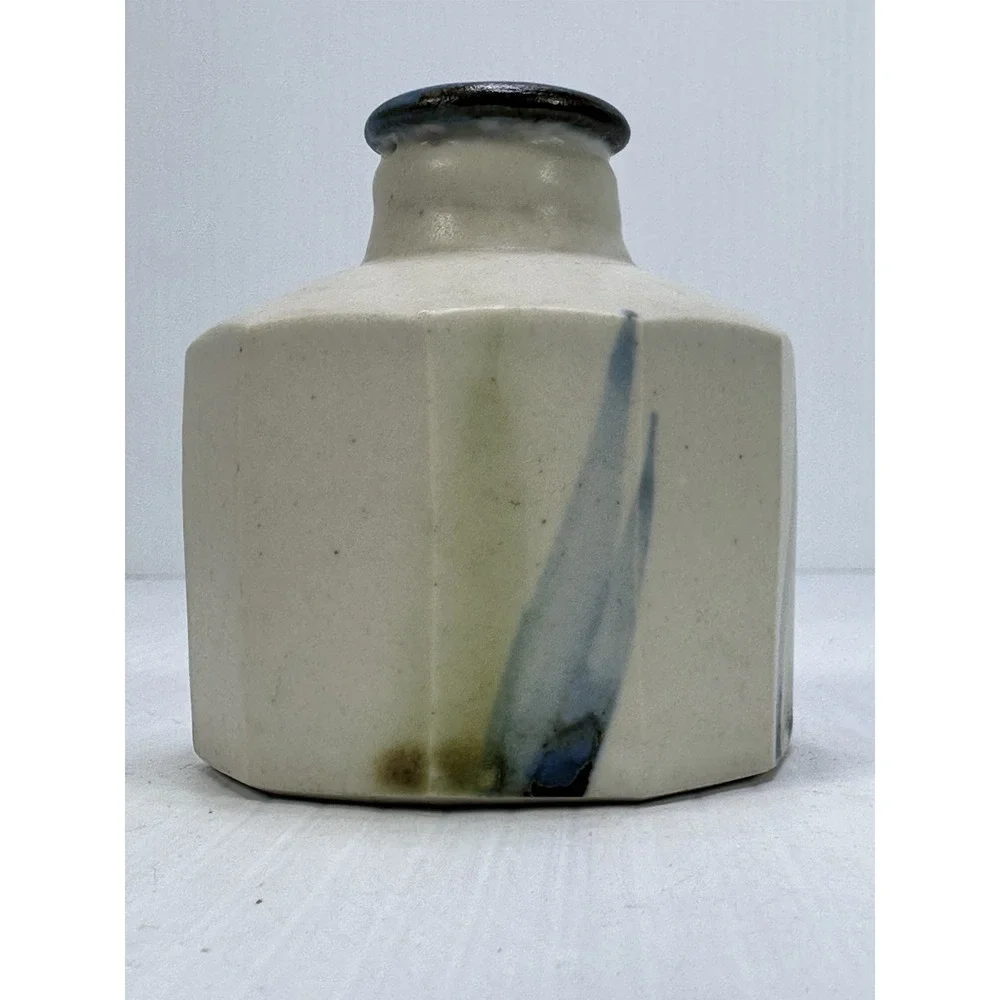 Vintage Small Hexagon Ceramic Vase Blue Rim Stamped Makers Mark